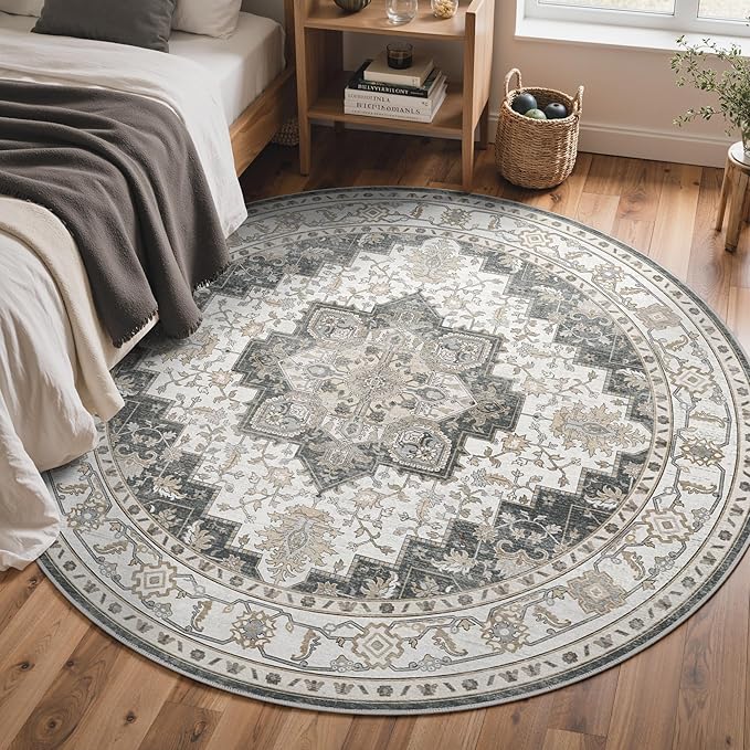 GENIMO 5FT Round Area Rugs for Living Room, Circle Rugs Machine Washable Low Pile, Chenille Non Slip Vintage Rug for Bedroom, Dining Room, Home Office, Heathered Grey