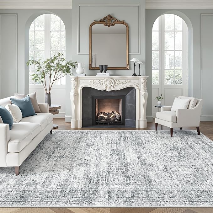 Soalmost 7x10 Area Rug for Living Room Washable Abstract Vintage Soft Thin Indoor Floor Non-Slip Carpet for Bedroom Dining Room Grey