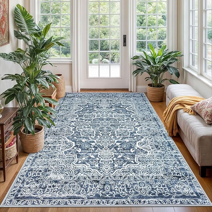 KUTA Modern Floral Area Rug 4x6 Living Room, Washable Printed Vintage Distressed Tribal Blue White Rugs, Non-Slip Dining Room Carpet, Soft Low Pile Cozy Boho Farmhouse Throw for Bedroom