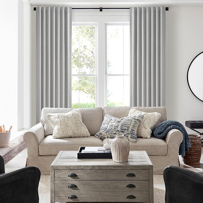 Grey Linen Room Darkening Curtains 96 Inches Long 2 Panels Set for Sliding Glass Doors, Cottage Core Blackout Pleat Light Gray Aesthetic Drapes Soundproof Privacy 8 FT Window Curtain for Office Burg