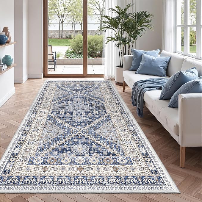 zesthome 4x8 Rug for Bedroom,Wide Runner Rug for Hallway, Non Slip Washable Runner Rug for Living Room, Low Pile Soft Entryway Kitchen Rug, Modern Home Decor Mat for Dining Room(Blue/Beige,4'x8')