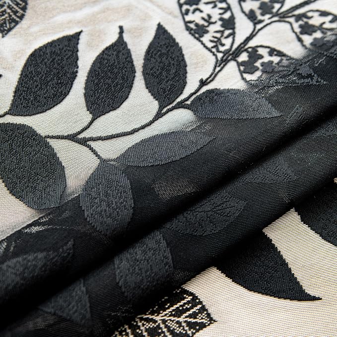 Treatmentex Black Lace Curtains 63inch Light Filtering Leaf Sheer Window Curtains for Living-Room Bedroom Vintage Leaves Knitted Lace Sheer Curtain Panels 54" w 2pcs Rod Pocket