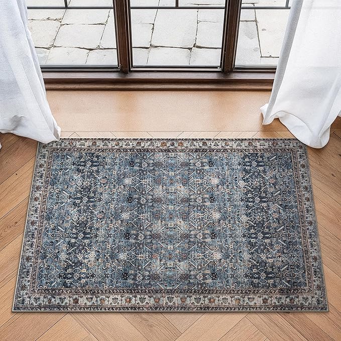 Bloom Rugs Washable Non-Slip 2' x 3' Rug - Blue/Beige Traditional Oriental Area Rug for Living Room, Bedroom, Dining Room, and Kitchen - Exact Size: 2' x 3'