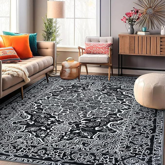 KUTA Area Rugs for Living Room, Washable Vintage Floral Large Rug for Bedroom 8ft x 10ft Non-Slip, Black Ultra Soft Printed Traditional Medallion Low-Pile Carpet for Dining Room Office