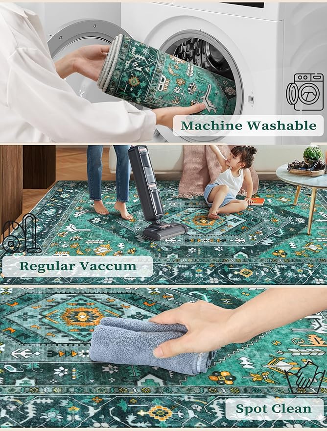 SERISSA Runner Rug for Hallways, 2'6"x14' Washable Non Slip Kitchen Runner Rug, Extra Long Boho Rug Ultra Soft Vintage Teal Print Floor Carpet for Bedroom Hallway Entryway Bathroom Laundry Room