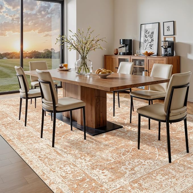 Madane 8x10 Area Rugs for Living Room, Machine Washable Vintage Rug with Non-Slip Backing, Soft Floral Print Large Throw Rugs, Thin Carpet for Bedroom Dining Room Farmhouse (8 x 10, Jasper Orange)