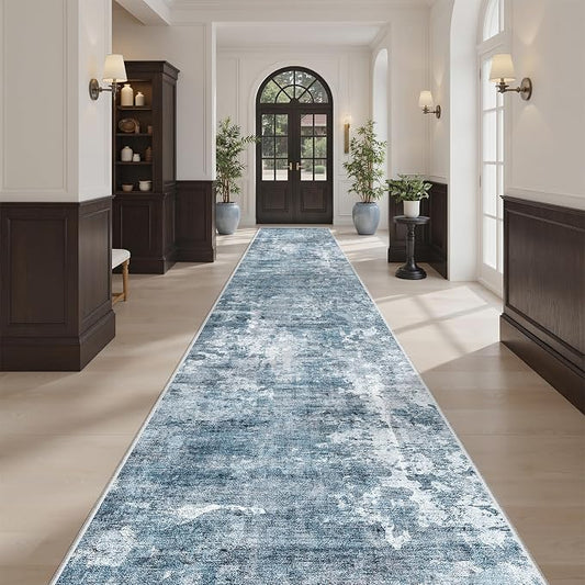 Soalmost Runner Rug 2'6" x 16' Washable Non-Slip 2.5x16 ft Long Runner Rugs for Kitchen Bathroom Laundry Room Vintage Ultra Thin Runners for Hallway Entryway Blue/Grey