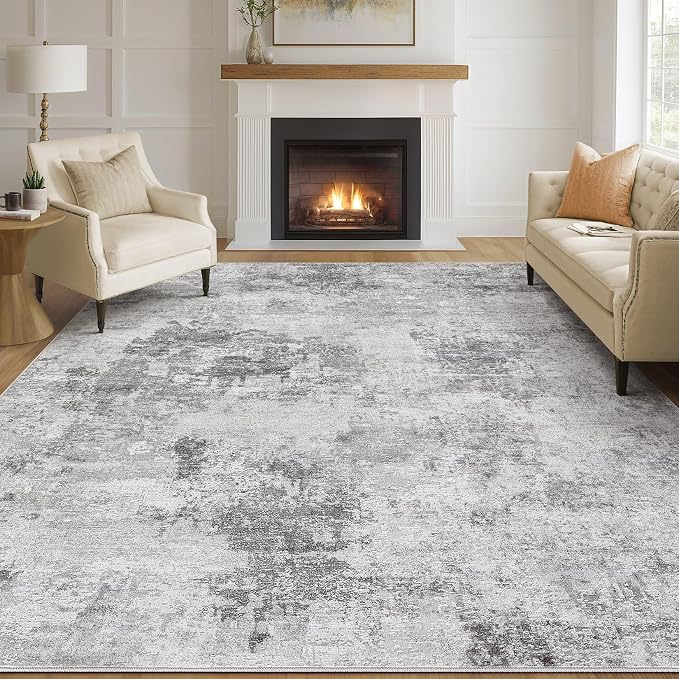 Tortania Washable 9x12 Area Rug for Living Room: Modern Abstract Neutral Large Soft Thin Rugs - Non Slip Indoor Carpet for Bedroom Dining Room Office Nursery Home Floor Decoration - Smoky Gray