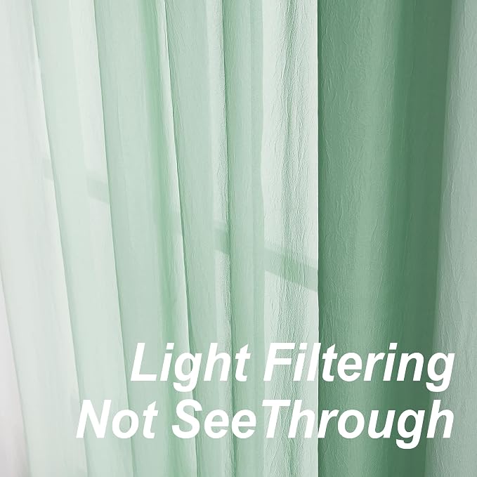 Purainbow Green Ombre Sheer Curtains for Living Room Chiffon Crinkle Semi Sheer Curtain Panels for Bedroom Decor, Light Filtering Gradient Window Treatments with Grommet Top, 2 Panels, 52" Wx95 L