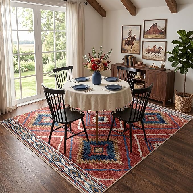BESTSWEETIE Area Rug 8x8 Rug Machine Washable Non-Slip Low Pile Print Pattern Western Rug for Living Room Bedroom Entryway Tribal Series -Red/Orange