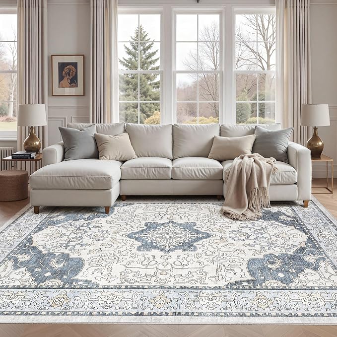 cotiled 9x12 Area Rug Machine Washable Vintage Carpet for Living Room Bedroom Soft Non-Slip Backing Floor Mat Kid & Pet Friendly Stain Resistant Light Blue