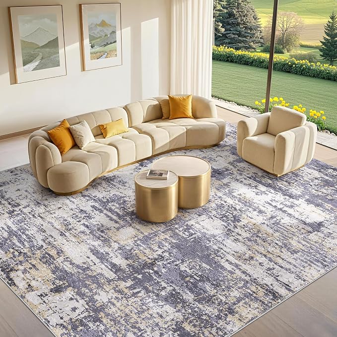 Tortania Area Rug Living Room Rugs - 10x12 Modern Abstract Neutral Large Soft Thin Rugs - Non Slip Indoor Carpet for Bedroom Dining Room Office Nursery Home Floor Decoration - Purple