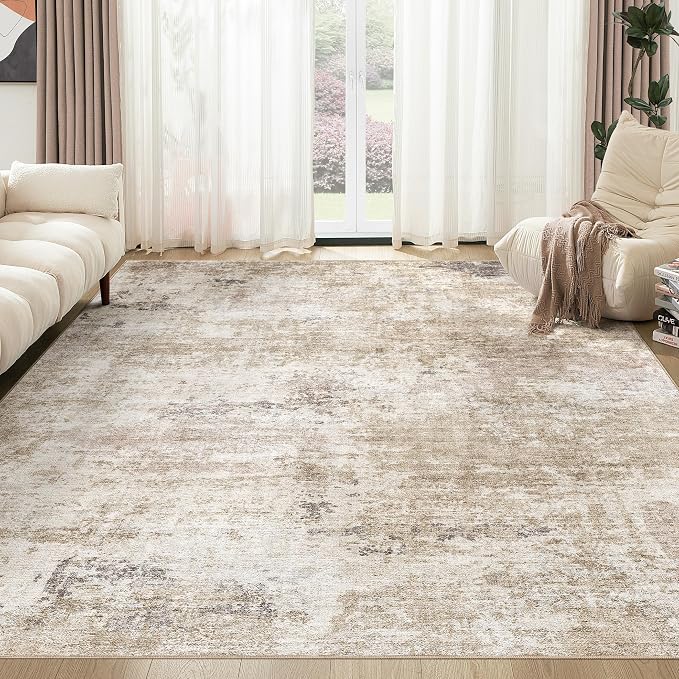 Abstract 9x12 Area Rug: Machine Washable Non Slip Ultra Thin Low-Pile Carpet, Soft Stain Resistant for Living Dining Room Bedroom, Kid Pet Friendly, Robot Vacuum Compatible - Brown
