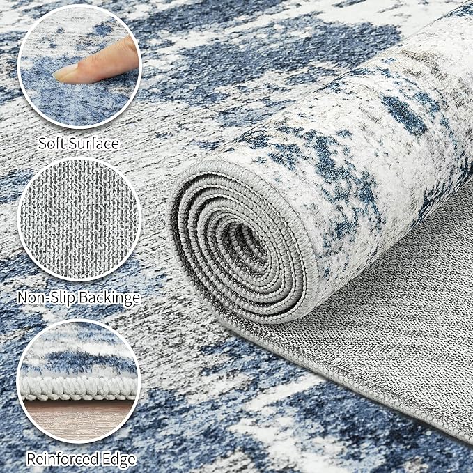 Area Rugs 9x12 Living Room: Large Soft Washable Rug Modern Abstract Anti-Skid Non-Shedding Carpet Indoor Floor Thin Carpets for Bedroom Dining Room Farmhouse Nursery Home Office Grey Blue