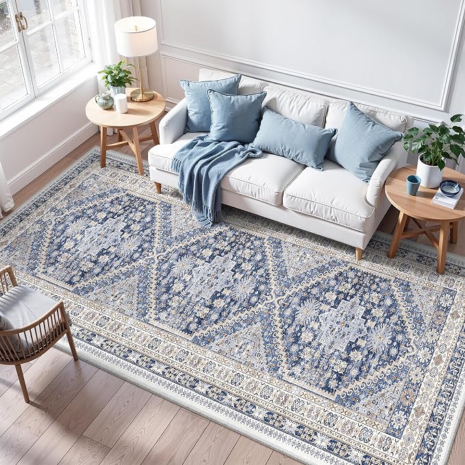 zesthome 4x12 Runner Rug for Hallway, Low-Pile Wide Runner for Entryway, Long Washable Non-Slip Kitchen Rug, Soft Modern Home Decor Mat for Living, Laundry Room(Blue/Beige,4'x12')