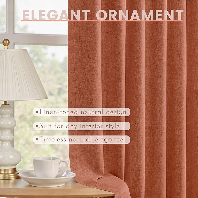 Blackout Curtains 45 Inch Long for Bedroom & Living Room Terracotta Pinch Pleat 100% Room Darkening Noise Reducing Thermal Insulated Linen Drapes, 2 Panels Set with Back Tab
