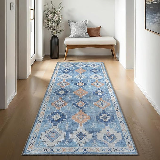 Blue Oushak Runner Rug Hallway 2'5x7' - Traditional Washable Vintage Turkish Pastel Runner Rugs with Rubber Backing, Short Runner Rug for Entryway, Laundry, Bedroom, Kitchen, Bathroom
