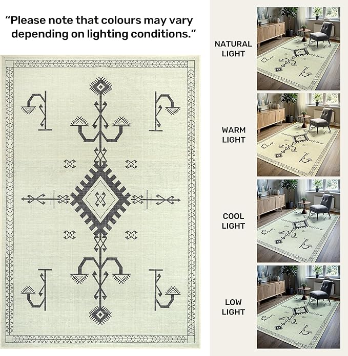 GLN Rugs Contemporary Collection - Machine Washable Area Rug, Contemporary Washable, Non Slip, Low Pile Chenille Rug, Living Room, Bedroom, Kitchen Rug (2' x 3' Cream/Anthracite)