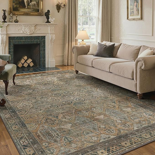 GENIMO 4x6 Area Rugs for Living Room, Machine Washable Non Slip Vintage Rugs, Low Pile Lightweight Chenille Print Rug for Bedroom, Dining Room, Home Office, Warm Taupe