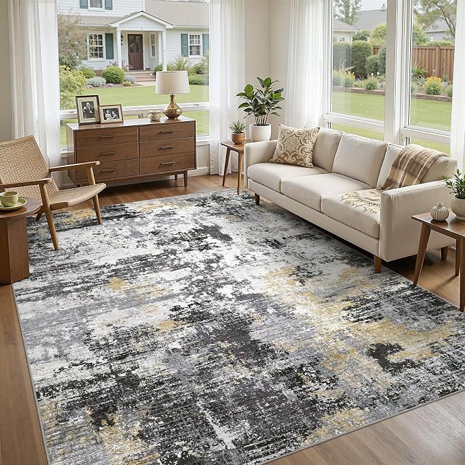 UERMEI 9x12 Area Rug for Living Room - Washable Neutral Modern Abstract Carpet, Non-Slip Soft Large Indoor Floor Rugs for Bedroom Home Office & Under Dining Table Decor, Black/White/Gold
