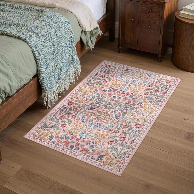 2x3 Washable Area Rug for Entryway Vintage Boho Floral Rug Non-Slip Low Pile Soft Faux Wool Small Carpet Kids and Pets Friendly for Bathroom Bedroom Kitchen Hallway Bedside Home Decor Rug Pink