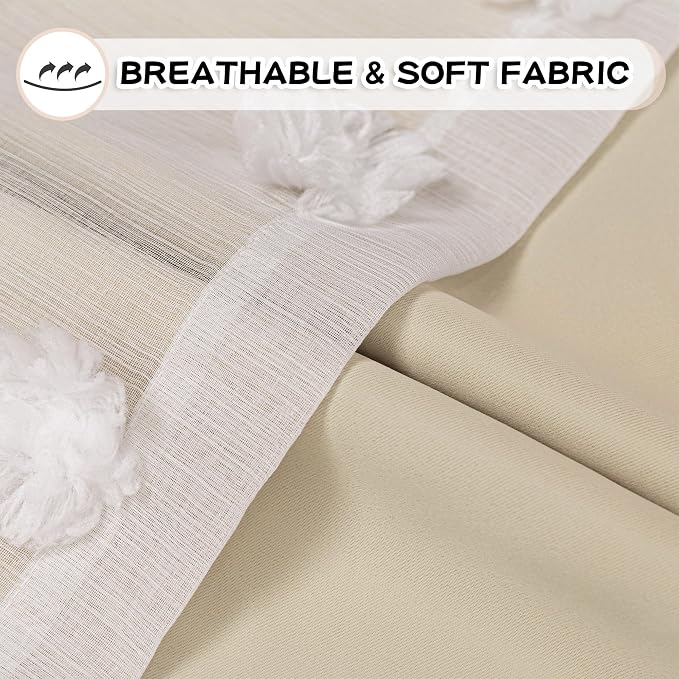 MYSKY HOME Beige Curtains for Bedroom 63 Inch Long Double Layer Curtains for Kids Room Kithen Beige Pom Pom Sheer Nursery Curtains Grommet Room Darkening Window Curtains 2 Panels Set, 52 x 63 Inch