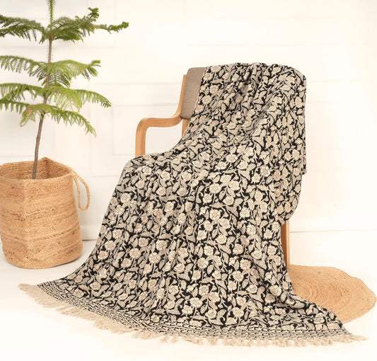 Handmade Cotton Throw Blanket 55x80 Inches | Black & Beige Floral Block Print Decorative Sofa Throw with Tassels | Large Lightweight Cotton Bedspread for Living Room, Couch, or Bedroom