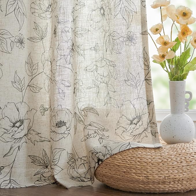 jinchan Linen Floral Curtains for Living Room 84 Inch Length Grey Flower Curtain Rod Pocket Back Tab Farmhouse Curtains with Printed Floral Bedroom Window Curtain Set, 2 Panels Gray