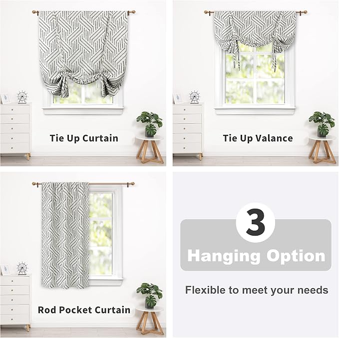 DriftAway Briony Blackout Tie Up Curtain for Kitchen Adjustable Balloon Sketch Textured Lines Printed Tie Up Roman Shades for Small Window Single Rod Pocket Window Coverings 45W x 63L Black