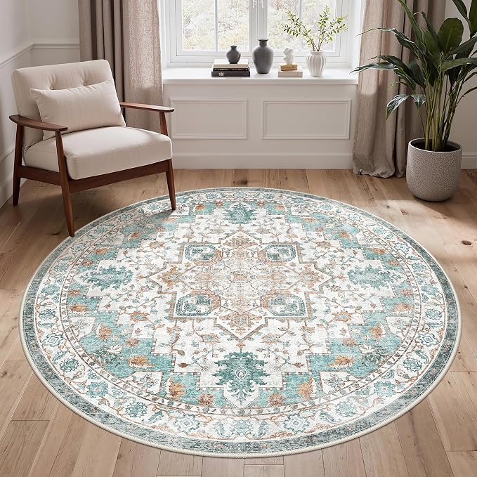 GENIMO 5FT Round Area Rugs for Living Room, Circle Rugs Machine Washable Low Pile, Non Slip Vintage Rug for Bedroom, Dining Room, Home Office, Cyan