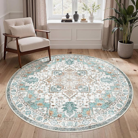 GENIMO 5FT Round Area Rugs for Living Room, Circle Rugs Machine Washable Low Pile, Chenille Non Slip Vintage Rug for Bedroom, Dining Room, Home Office, Charcoal Brown