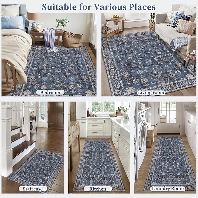 Tangsoo 3x10 Runner Rugs for Hallway Non Slip, Washable Long Rug Runner Boho Vintage Floral Rugs, Distressed Blue Black Soft Low Pile Indoor Runners for Entryway,Living Room,Kitchen,Kids&pets Friendly