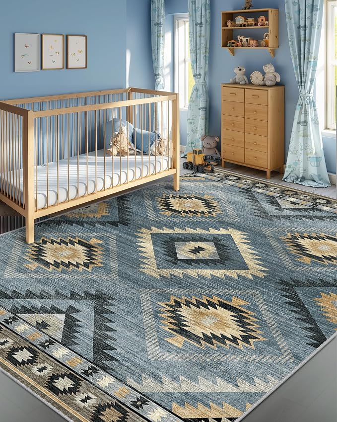 BESTSWEETIE Area Rug 5x7 Rug Machine Washable Rug Non-Slip Low Pile Print Pattern Western Rug for Living Room Bedroom Entryway Tribal Series -Navy/Grey