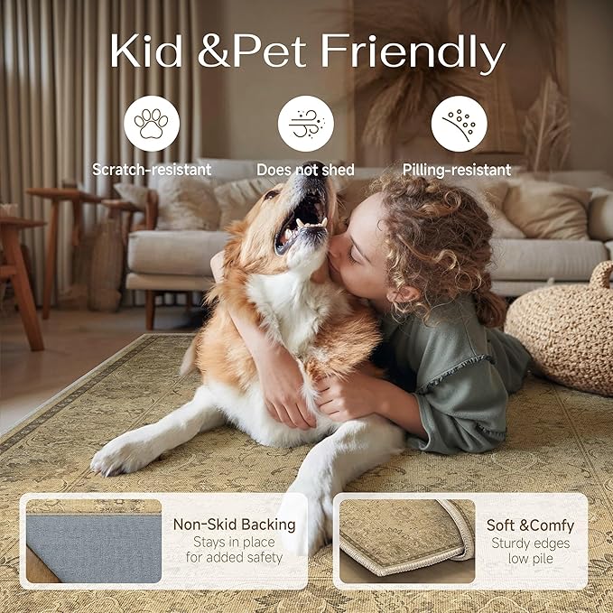 HUGEAR 3x5 Machine Washable Area Rugs Vintage Brown - Neutral Non Slip Stain Resistant Low Pile Aesthetic Throw Carpet Kids & Pet Friendly for Living Room Kitchen Dining Room Laundry
