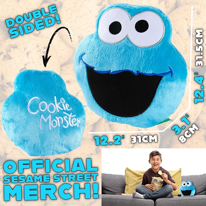 Sesame Street Cookie Monster Plush Cushion Pillow, Soft Plush Throw Pillow Cushion Bedroom Decor Cuddle Plushies, Gifts for Girls, Teens, Women (Blue Cookie Monster, L12.4 x W12.2)