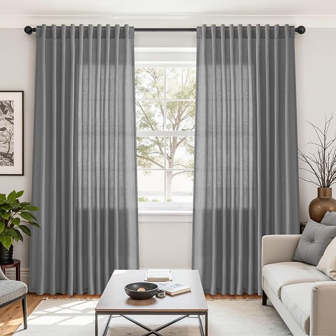 Aersas Dark Grey Linen Curtains 84 Inches Long 2 Panels Set Back Tab and Rod Pocket Living Room Curtain Farmhouse Neutral Light Filtering Drapes for Bedroom Cottage 52 inch Width x 84 inch Length