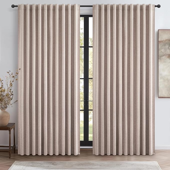 QJmydeco Curtains 70 Inch Length Wide Pleated Blackout Curtain for Sliding Glass Door/Living Room, Farmhouse Linen Thick Boho Bedroom Heavy Insulated Large Window Drapes (70" Wx90 Lx2Panels)