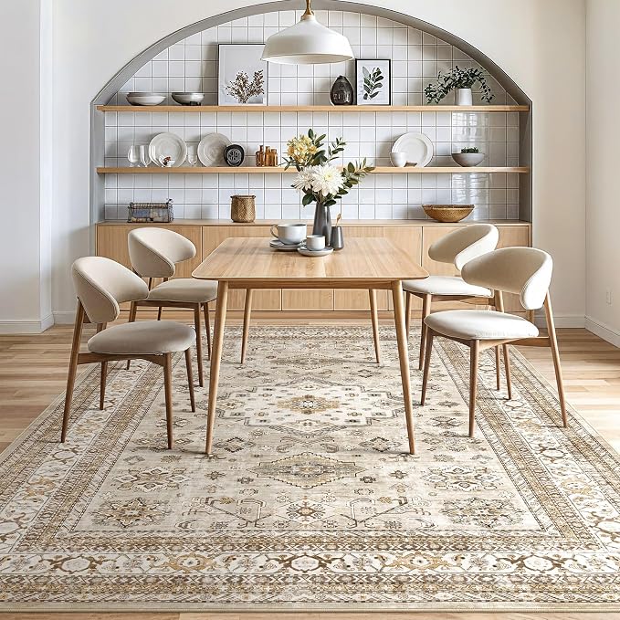 Vintage Living Room Area Rug 7x9 - Large Soft Washable Oriental Traditional Distressed Farmhouse Rugs for Bedroom - Indoor Floor Accent Carpet for Home Office House Decor - Beige
