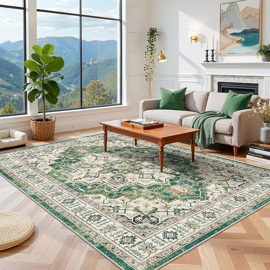 zesthome WashableRug 5x7 Area Rugs,Stain Resistant Rugs for Living Room,Bedroom,Non-Slip Backing Home Decor Rug, Vintage Medallion Pattern Rugs (Green,5'x7')