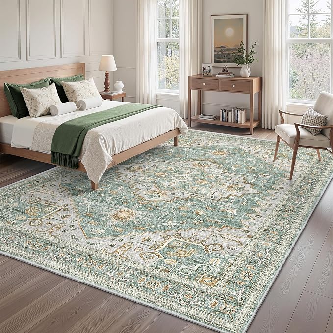 Area Rugs for Living Room - 6x9, Boho Non-Slip Low Pile Carpet Machine Washable Rugs for Bedroom, Farmhouse, Office, Dining Room (Green)