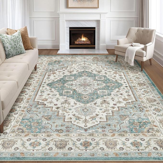 7x9 Area Rug Living Room: Washable Boho Large Neutral Vintage Soft Rug Stain Resistant Farmhouse Non-Slip Indoor Floor Carpet for Bedroom Nursery Kids Playroom Office Dining Room Home- Teal Brown