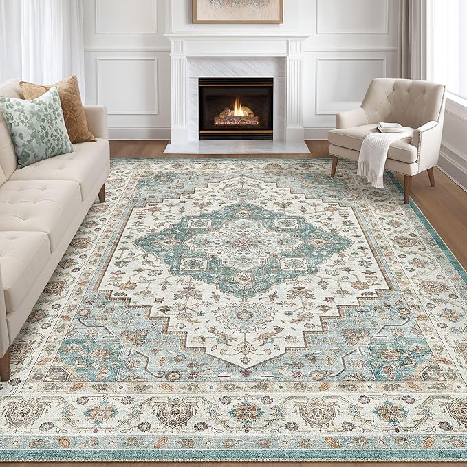 9x12 Area Rug Living Room: Washable Boho Large Neutral Vintage Soft Rug Stain Resistant Farmhouse Non-Slip Indoor Floor Carpet for Bedroom Nursery Kids Playroom Office Dining Room Home- Teal Brown