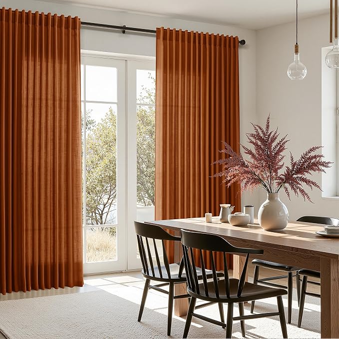Nanspring Rust Linen Curtains for Living Room 90 Inches Long Light Filtering Semi Sheer Curtain Back Tab and Rod Pocket Vintage Rustic Luxury Home Decor Drapes for Bedroom Office 52x90, 2 Panels