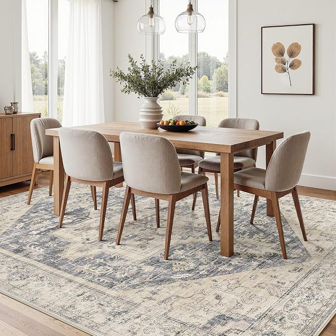 10x12 Area Rugs for Living Room - Large Carpet Ultra Thin Soft Washable Oriental Vintage Floral Distressed Big Indoor Carpets for Bedroom Nursery Dorm Home Decor Aesthetic - Blue Beige
