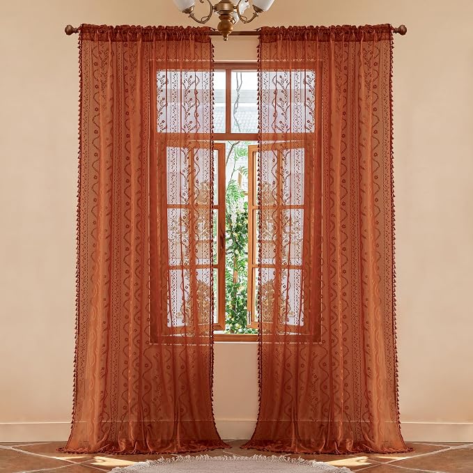 WAZZIO Boho Lace Curtains 96 Inch 2 Panels-Vintage Sheer Panel Drape Floral Pattern & Tassel Light Filtering Privacy for Bedroom Dining Living Room,Cottage Earthy Full Decor Terracotta,W52 x 96L