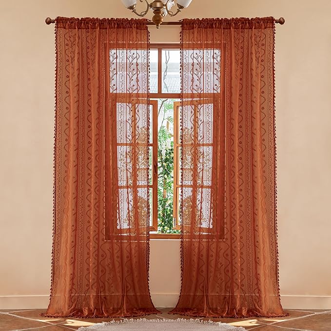 WAZZIO Boho Lace Curtains 102 Inch 2 Panels -Vintage Sheer Panel Drape Floral Pattern & Tassel Light Filtering Privacy for Bedroom Dining Living Room,Cottage Earthy Full Decor Terracotta,W52 x 102L
