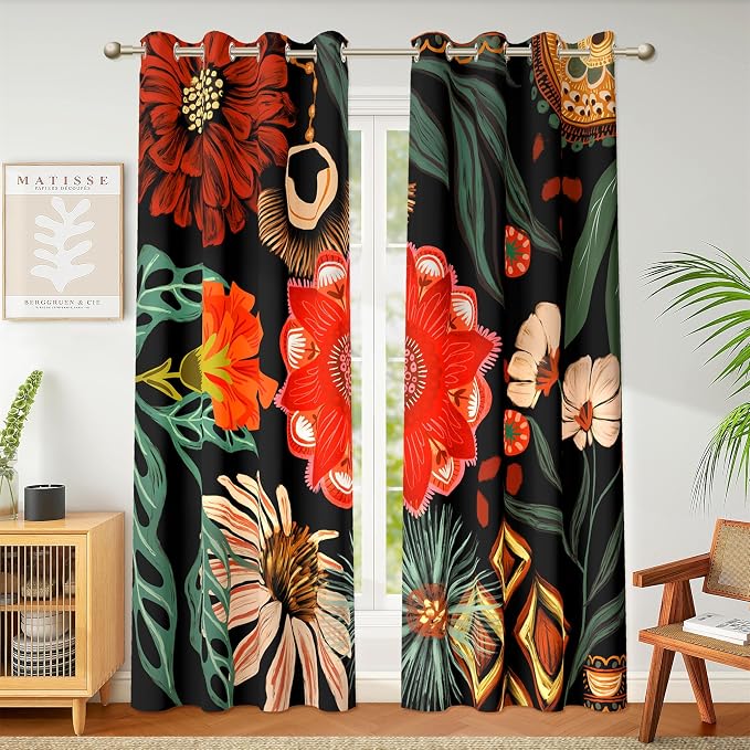 Tyrot Black Boho Floral 100% Blackout Curtains for Living Room 96 inch Long 2 Panels Mid Century Botanical Black Out Curtains for Bedroom Grommet Thermal Insulated Room Darkening Window Drapes,52Wx96L