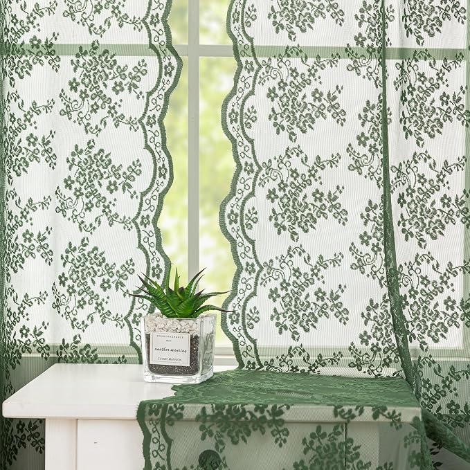 YJ YANJUN Vintage Lace Curtains 96 Inches Long-Victorian Floral Green Sheer Curtain Panels for Living Room,Light Filtering, Boho Christmas Decor 8 FT, 52Wx96L, 2 Panels Dark Emerald Green
