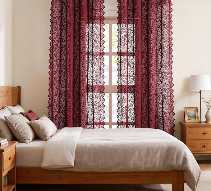Bujasso Burgundy Red Lace Sheer Curtains for Bedroom Living Room, Victorian Floral Embroidered Wine Red Window Drapes with Scalloped Edge, Light Filtering&Privacy, Grommet Top 2 Panels 52Wx90L Inches