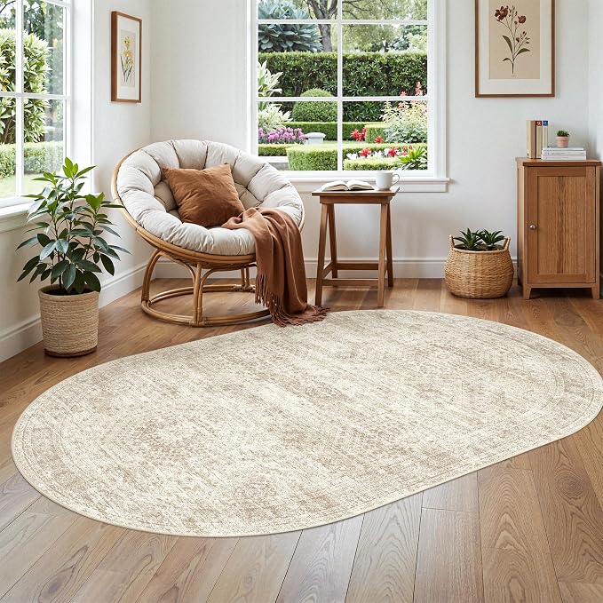 Soalmost Small Oval 3x5 Rug for Entryway, Machine Washable Area Rug for Kitchen, Bedroom Bedside, Non-Slip Throw Rug, Vintage Carpet for Nursery Coffee Table, Beige